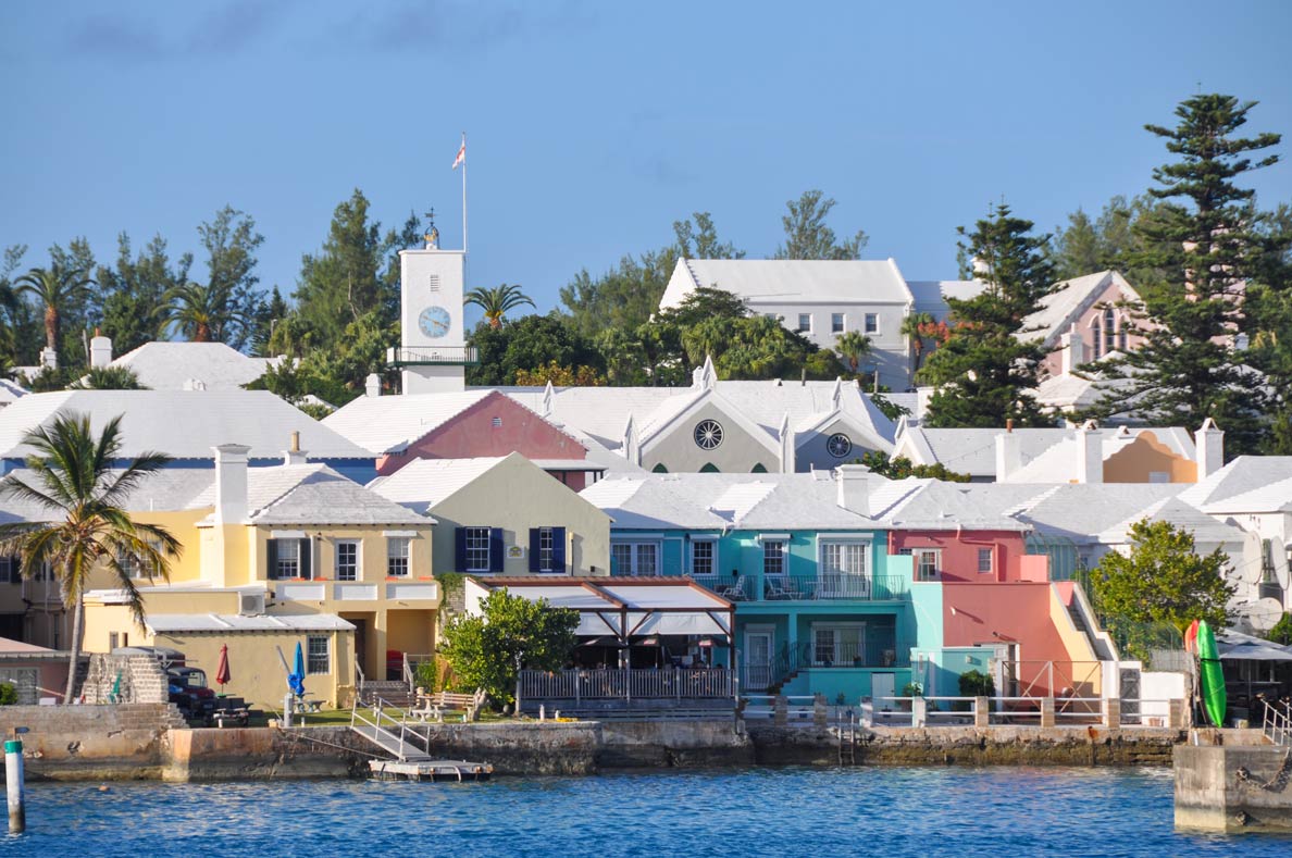 Historic houses of Saint George's on the waterfront with St. Peter's Church, Bermuda