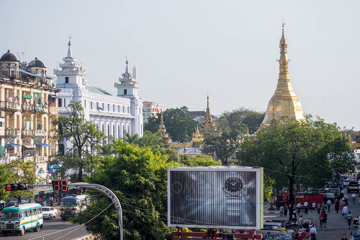 Sule road, with Sule pagoda and Yangon City Hall, Yangon, Myanmar