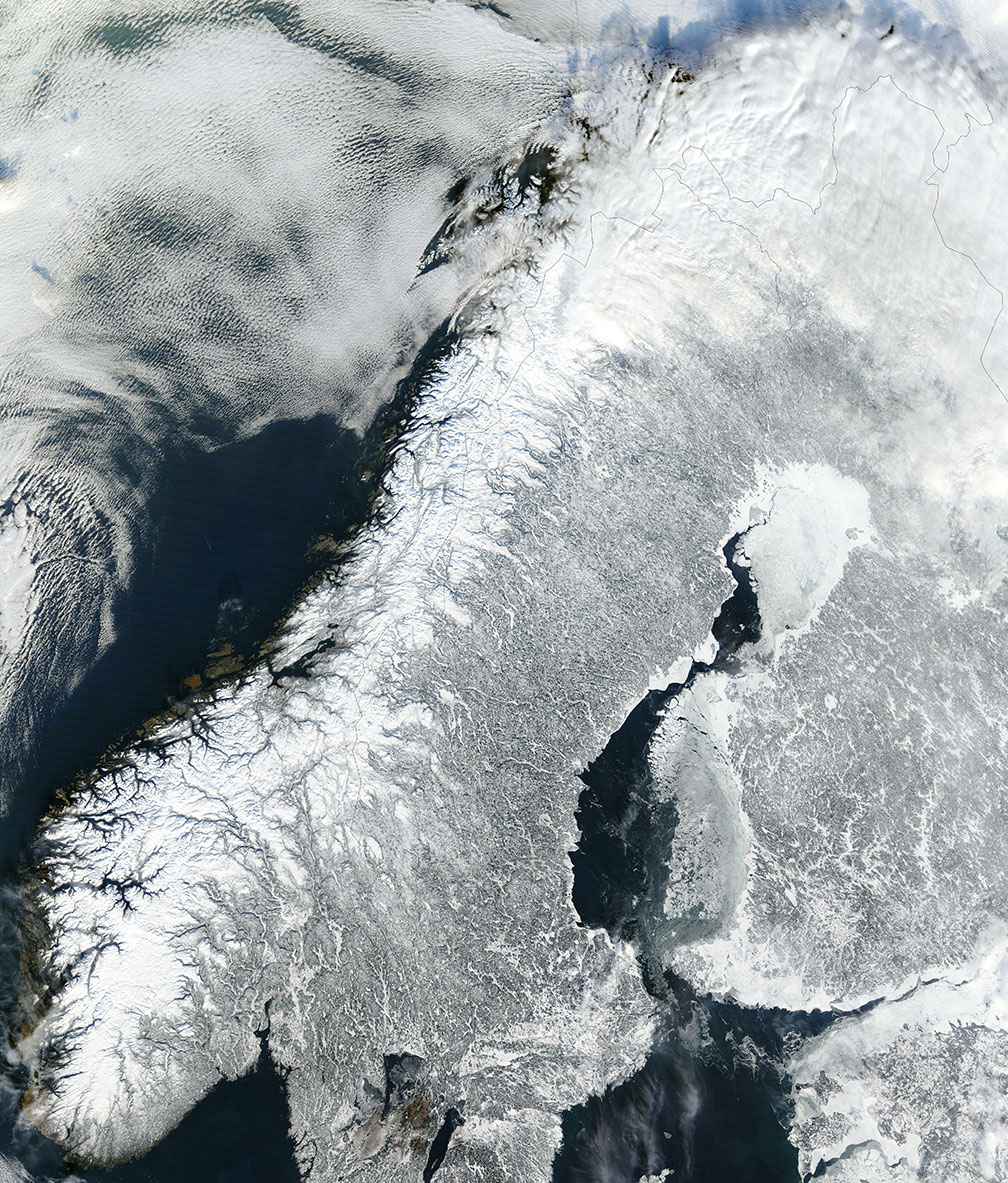 Satellite image of continental Norway and most of the Scandinavian Peninsula in winter