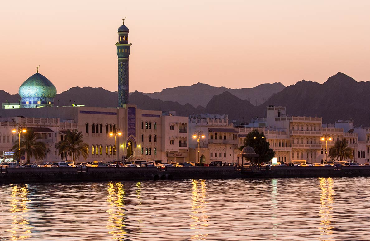 Muttrah Corniche in Muscat at dusk