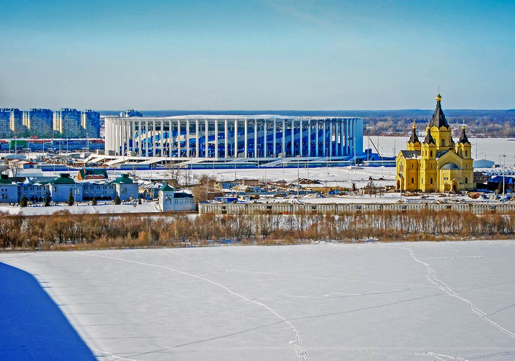 The new multifunctional  Nizhny Novgorod Stadium in Nizhny Novgorod, Russia