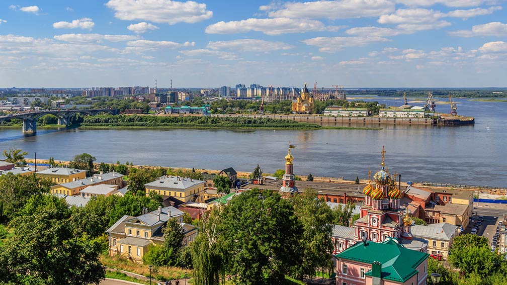 Panorama view of the spit at the confluence of the Volga and Oka rivers in Nizhny Novgorod, Russia