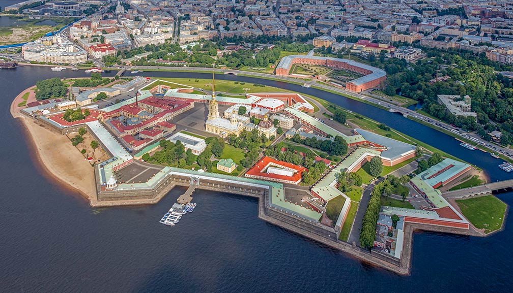 Aerial view of Peter and Paul Fortress on Zayachy Island in Saint Petersburg