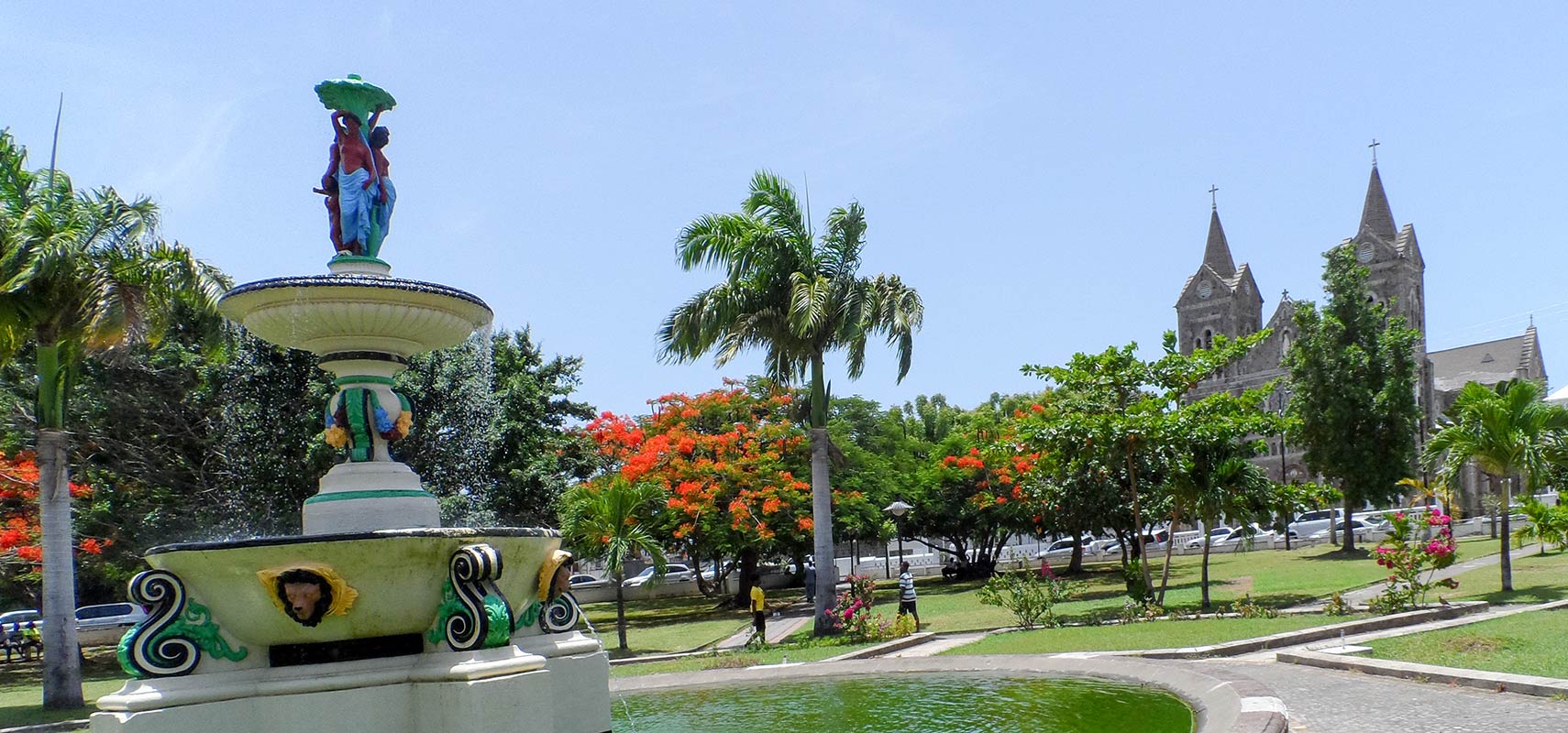 Independence Square with fountain and Co-Cathedral of Immaculate Conception in Basseterre, Saint Kitts