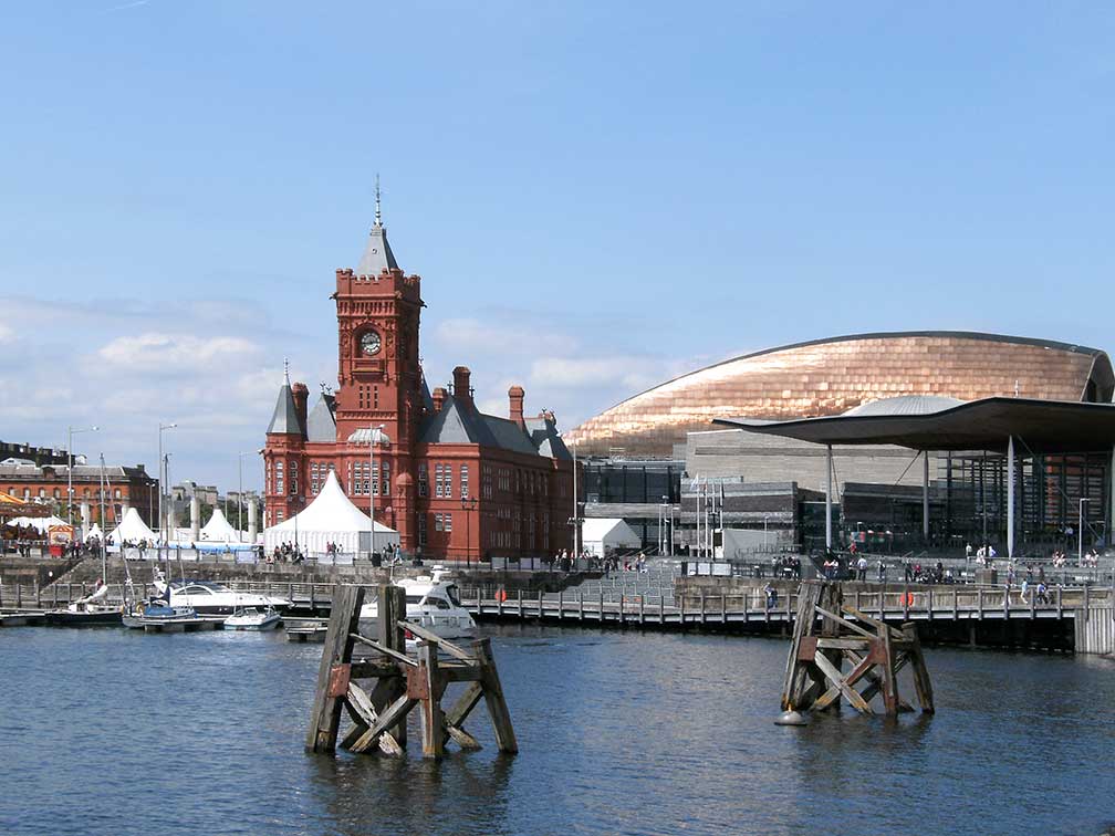 Cardiff Bay with Pierhead Building, Wales Millennium Centre, and the National Assembly building (Senedd) in Cardiff, Wales, United Kingdom