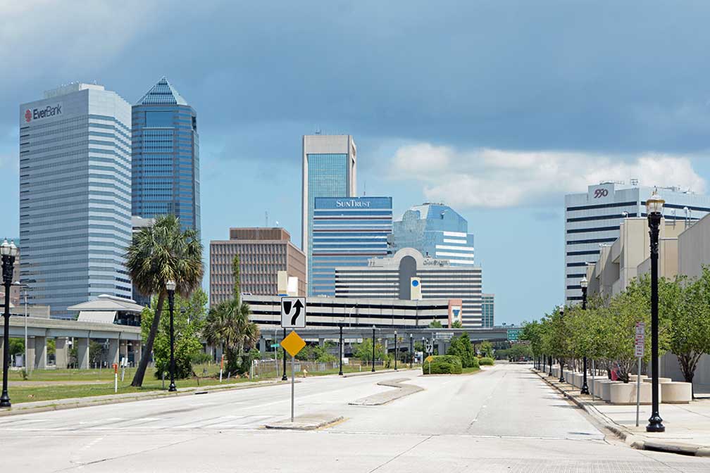 Downtown Jacksonville with EverBank Center, Wells Fargo Center, SunTrust Tower, Omni Jacksonville Hotel, Bank of America Tower, and 550 Water Street, Jacksonville, Florida