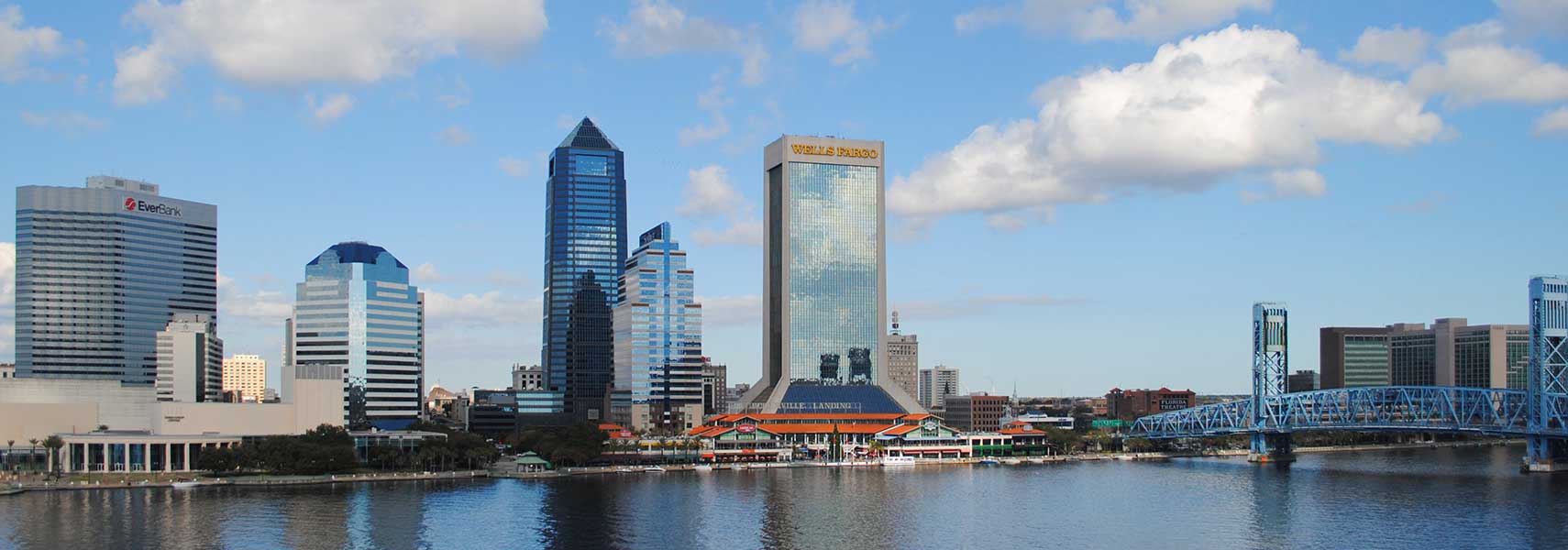 Skyline Jacksonville, Florida with EverBank Center, Jacksonville Landing, SunTrust Tower, Bank of America Tower, Wells Fargo Center and Main Street Bridge