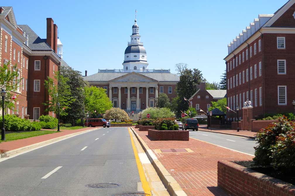 Annapolis street with Maryland State Capitol, Maryland, USA