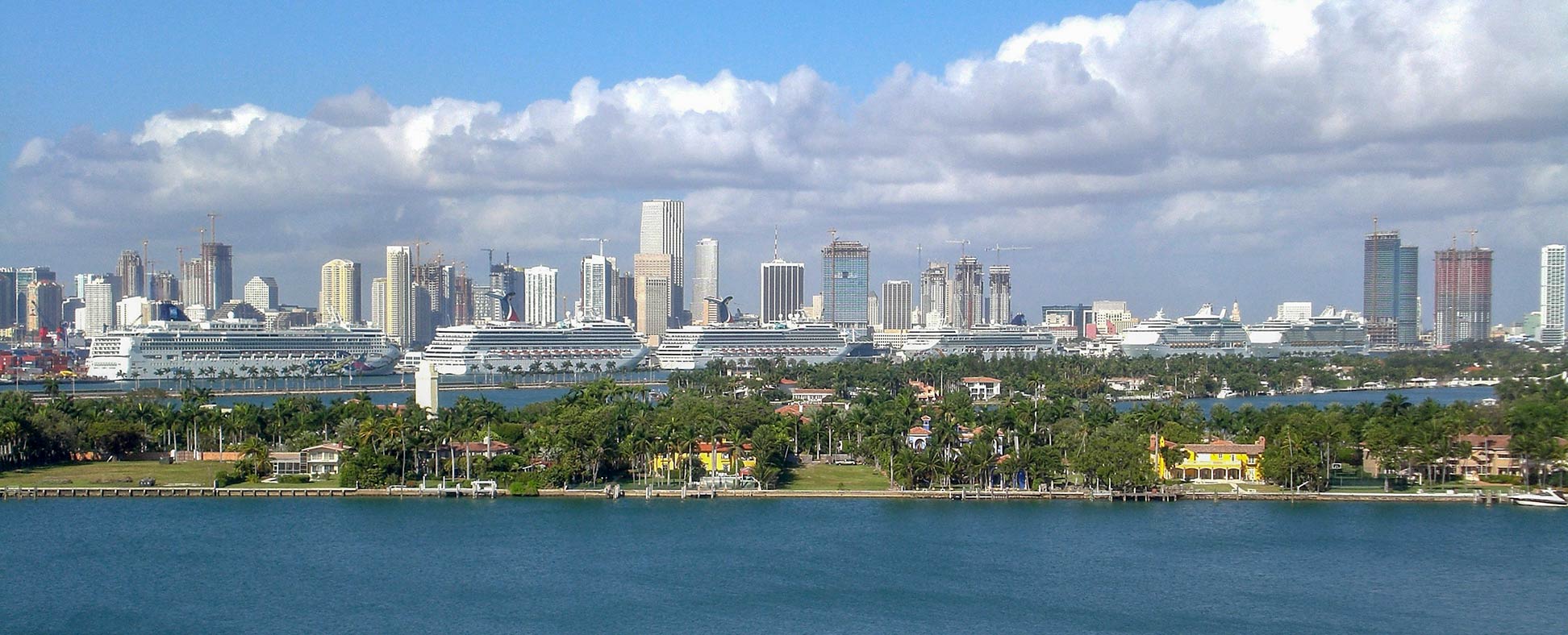 Panorama of downtown Miami with cruise terminal, seen from Miami Beach, Florida