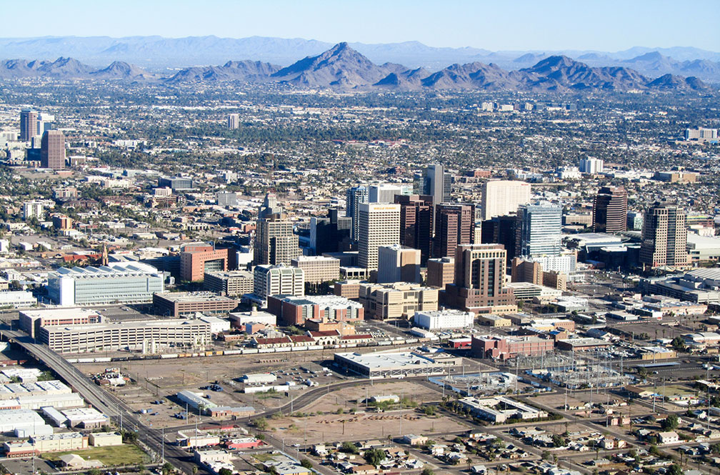 Aerial view of Downtown Phoenix with Piestewa Peak, Arizona