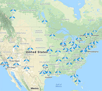 Map of Major Canadian and U.S. Airports