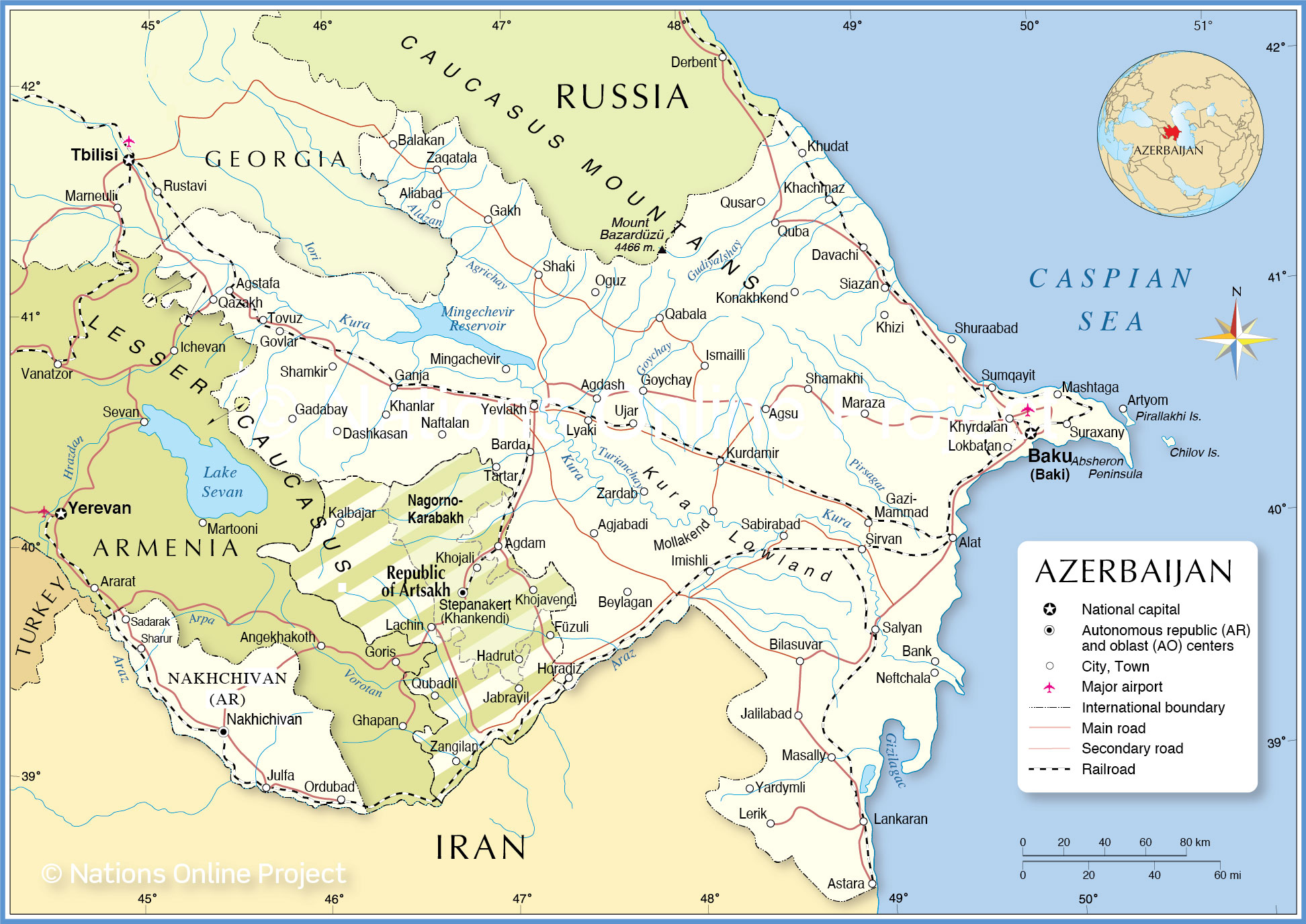 Political Map of Azerbaijan with the Nakhchivan Autonomous Republic, the location of the former Nagorno-Karabakh Autonomous Oblast, and the Republic of Artsakh