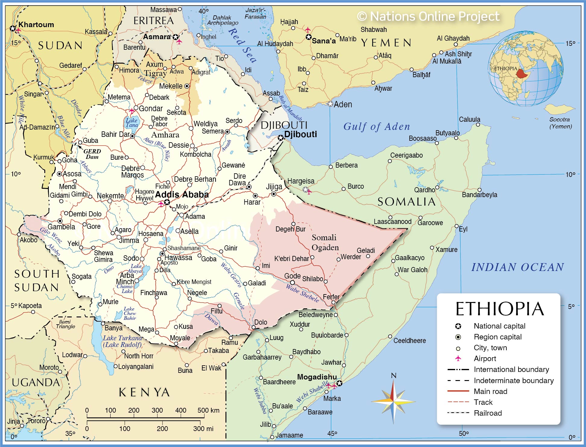 Political Map of Ethiopia with international borders, the national capital Addis Ababa, region capitals, major cities, main roads, railroads, and major airports