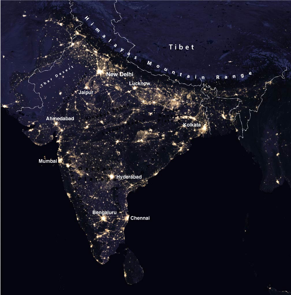 Satellite image of the Indian subcontinent and India at night
