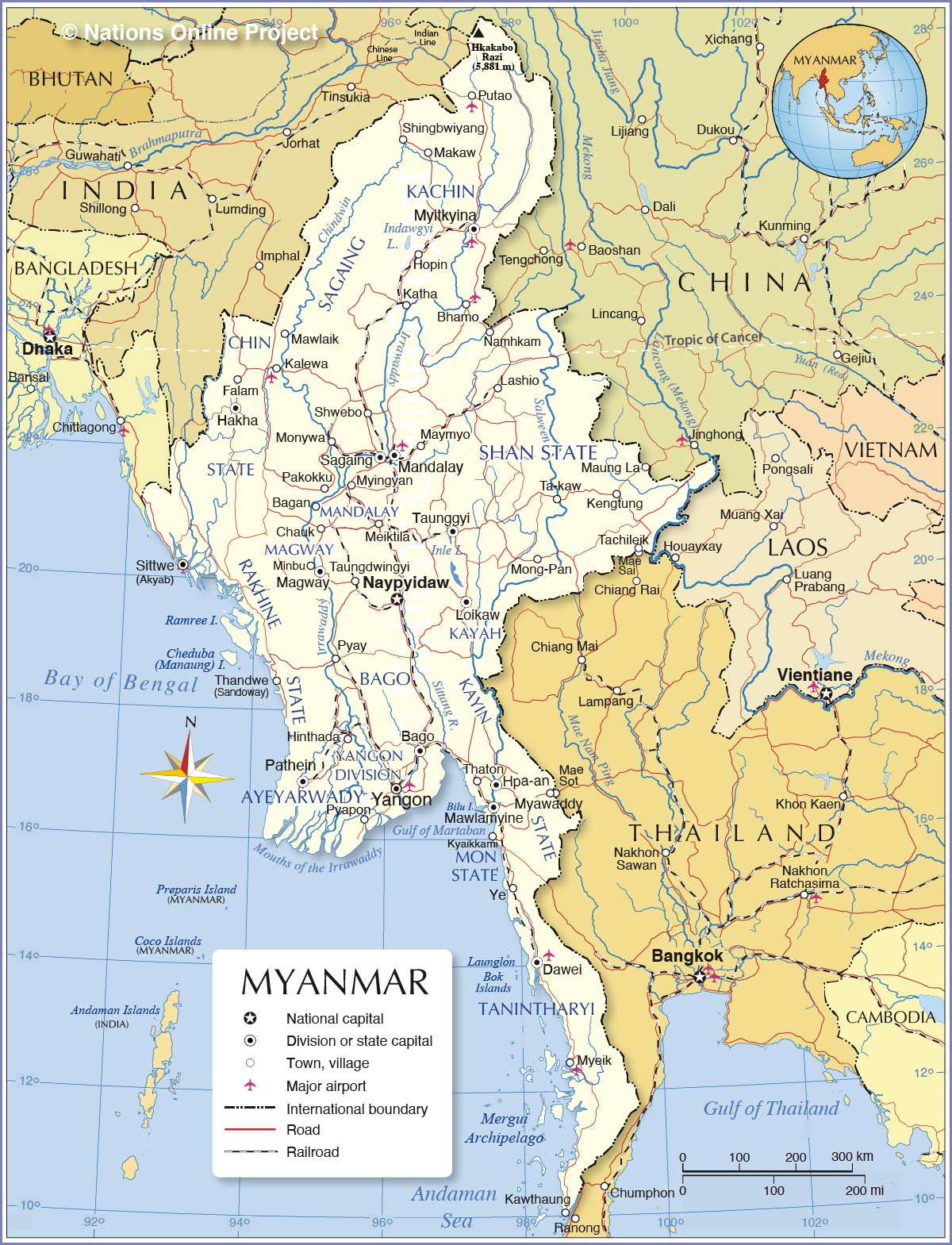 Political Map of Myanmar with cities, main roads and railways