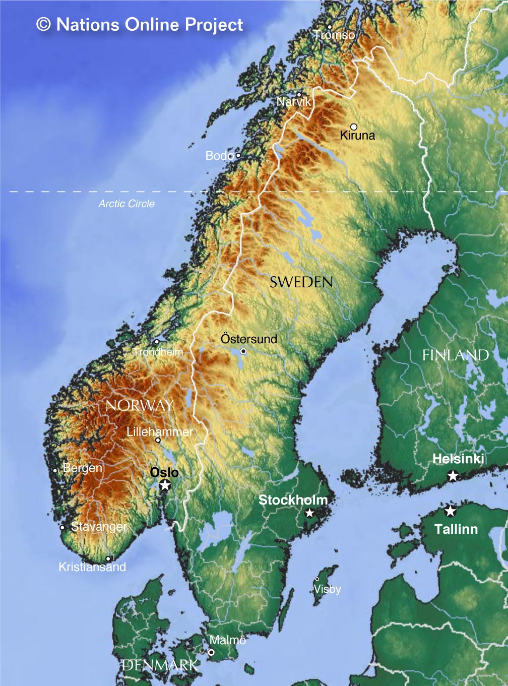 Topographic map of the Scandinavian Peninsula showing Sweden and Norway