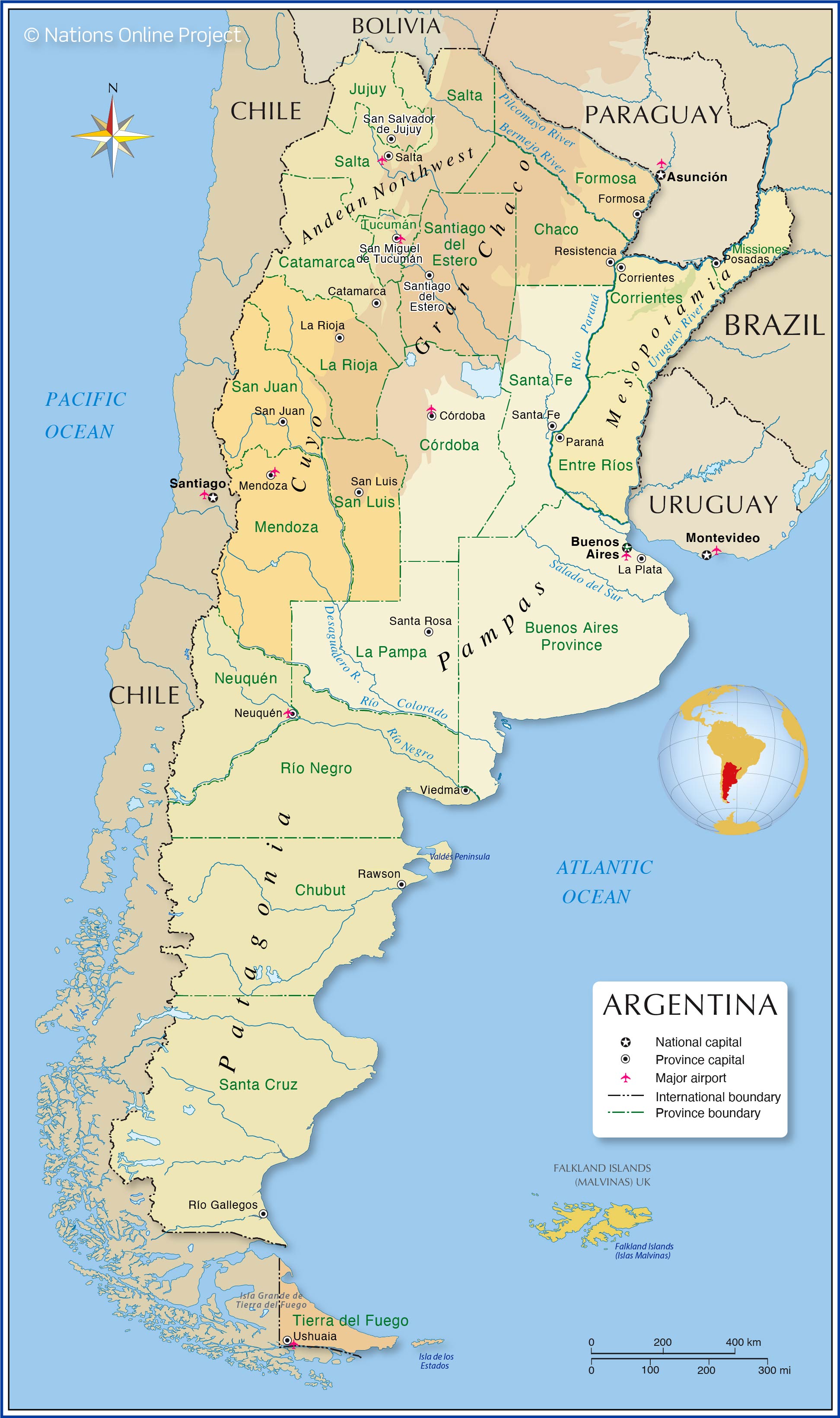 The Administrative Map of Argentina shows provinces, province capitals and natural regions of Argentina