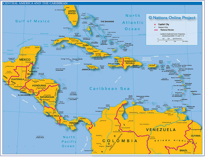 Small Reference Map of Central America and the Caribbean.