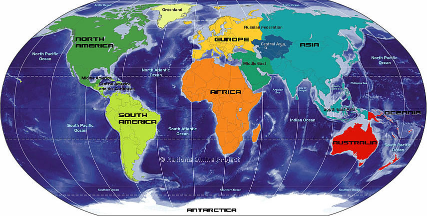 Map showing continents and regions in the world,