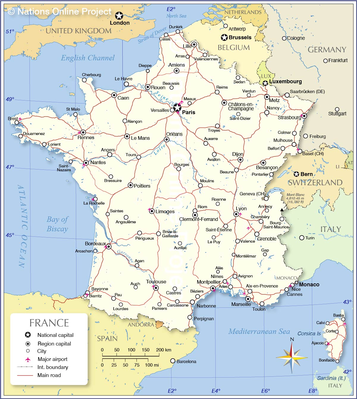 Map of France showing Metropolitan France with surrounding countries, cities, and main roads