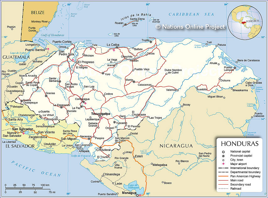 Map is showing Honduras and the surrounding countries.