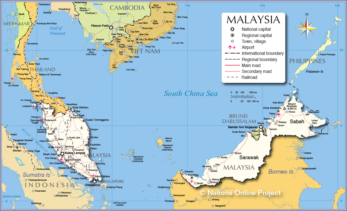 What are some important locations on a map of Malaysia?