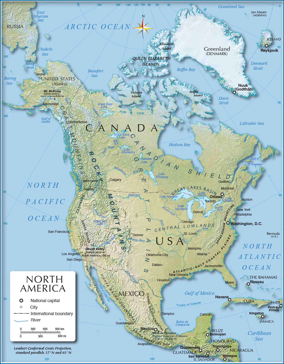Physical Map Of Canada United States And Greenland