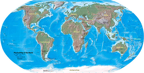 Shaded relief map of the world showing landmasses, continents, oceans, 