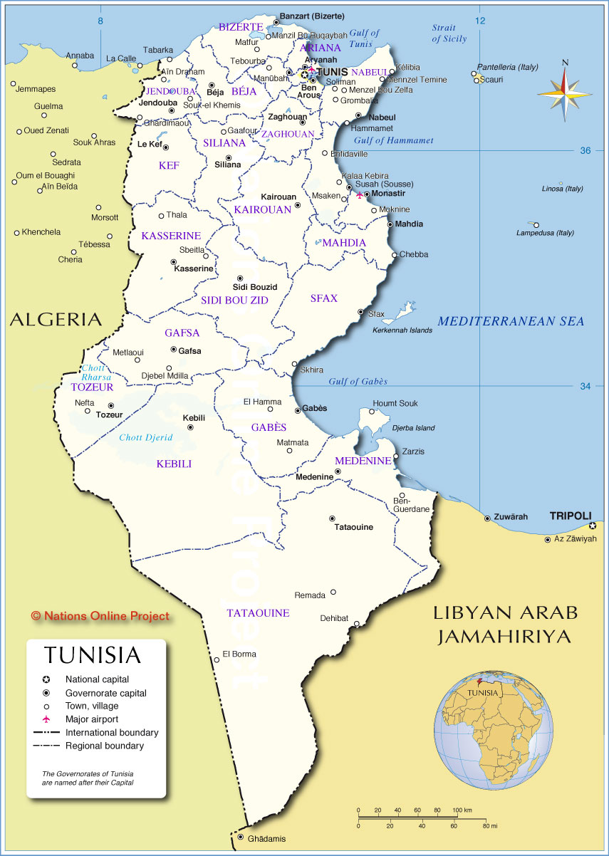 Administrative Map of Tunisia - Nations Online Project
