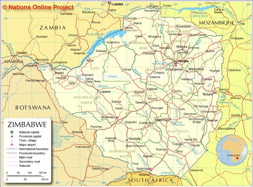 Map is showing Zimbabwe with surrounding countries, state borders,  Map is showing Zimbabwe with surrounding countries, state borders,