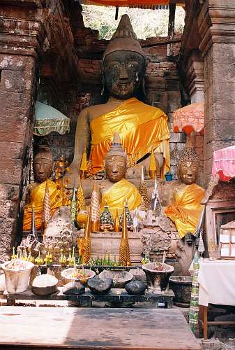 Vat-Phou, Buddha images in the sanctuary of Vat Phou Temple.
