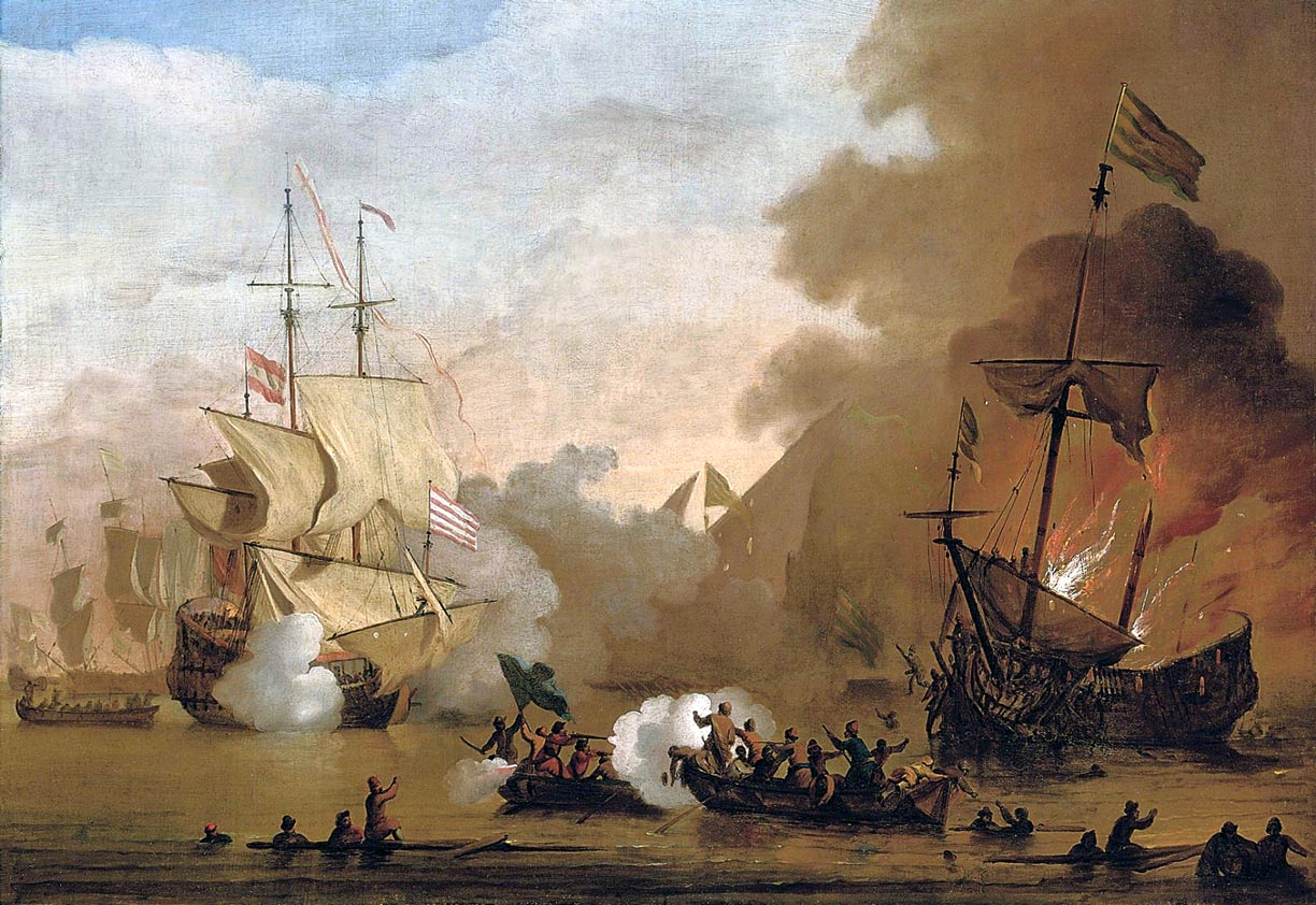 Painting of an action between an English ship and vessels of the Barbary Corsairs
