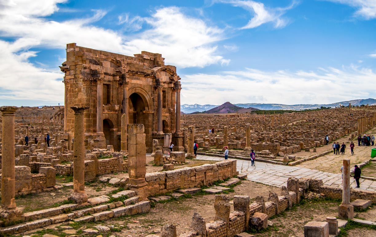 Timgad, an ancient Roman city in the Aurès Mountains of eastern Algeria.