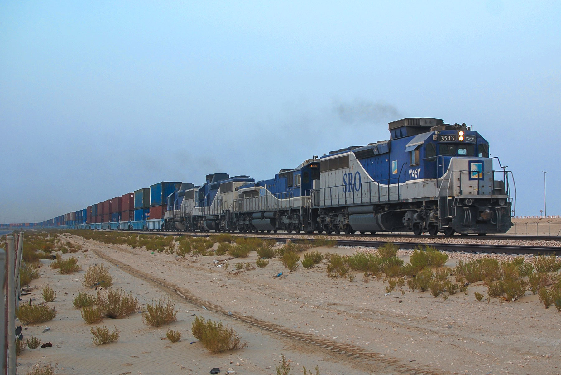 Freight train on the Dammam-Riyadh railway line in Saudi Arabia