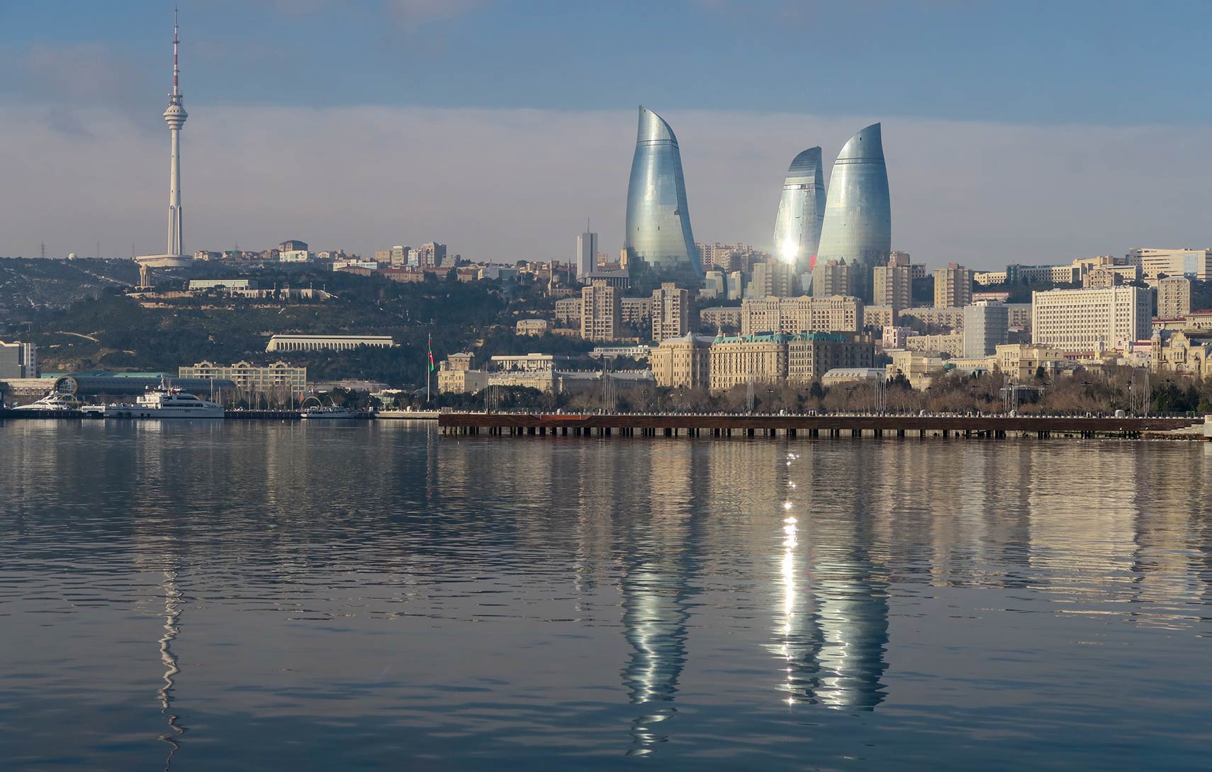 Panorama of Baku, capital and largest city of Azerbaijan with Flame Towers and the Baku TV Tower.