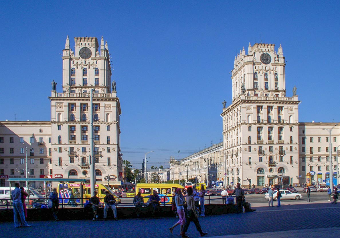 Stalinist architecture at station square in MinskBelarus