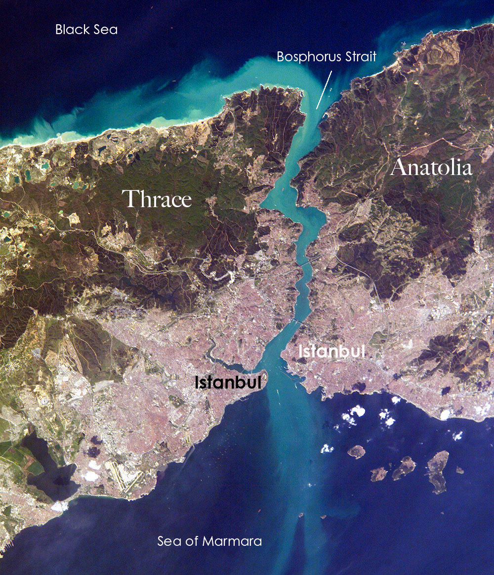Satellite image of the Bosporus Strait with the Black Sea to the north and the Sea of Marmara to the south
