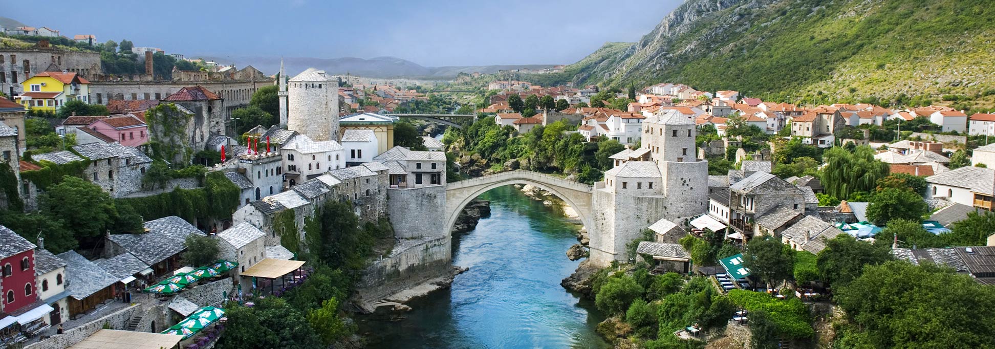 Old Town of Mostar with Stari Most (bridge) over the Neretva river.