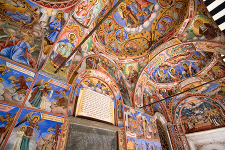 Paintings on the vaulted ceilings and walls inside the Rila Monastery.
