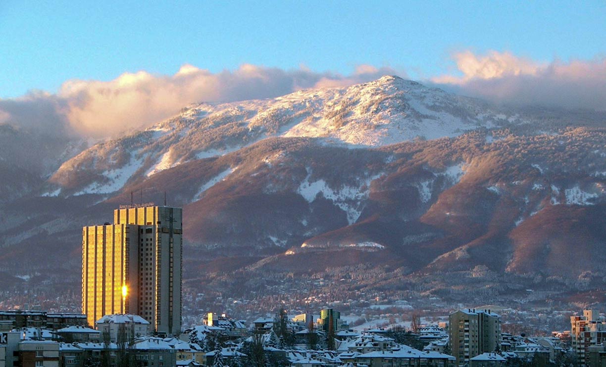 Skyline of Sofia with Mount Vitosha in the background