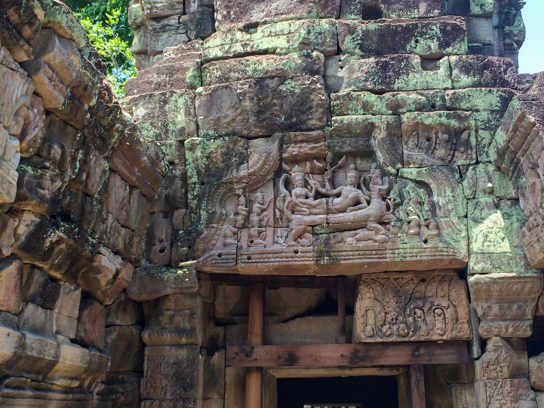 Reclining Narayana (Vishnu) on a relief in Angkor Wat, Cambodia.