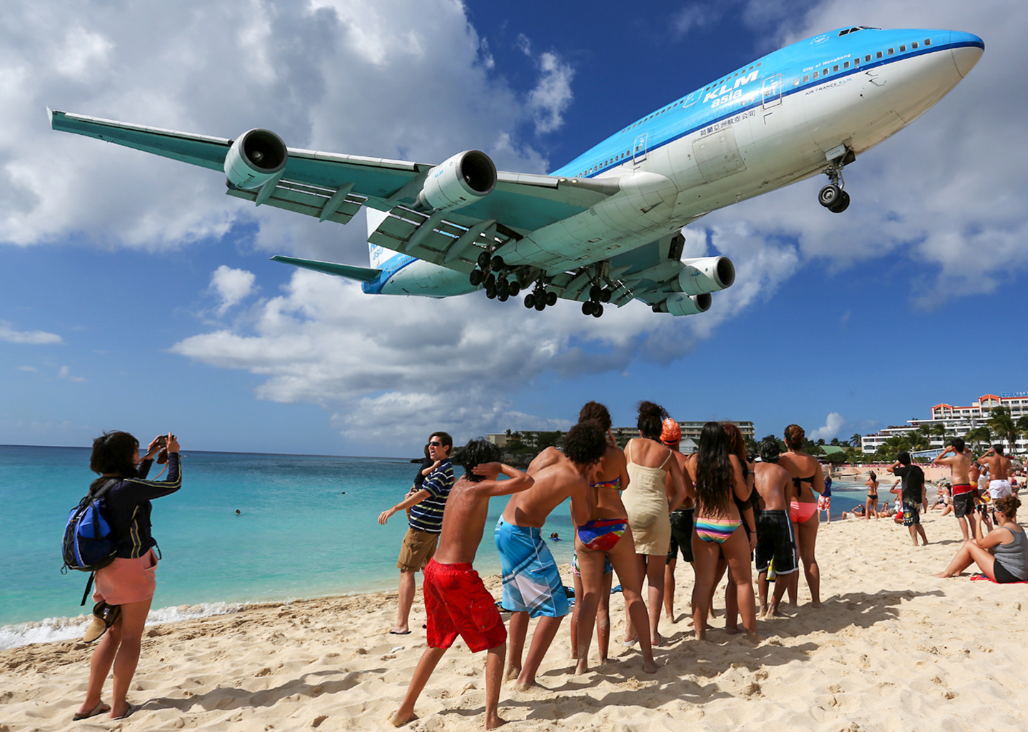 A KLM Asia Boeing 747-400 landing at Princess Juliana International Airport (IATA code: SXM) in Philipsburg, St. Maarten.