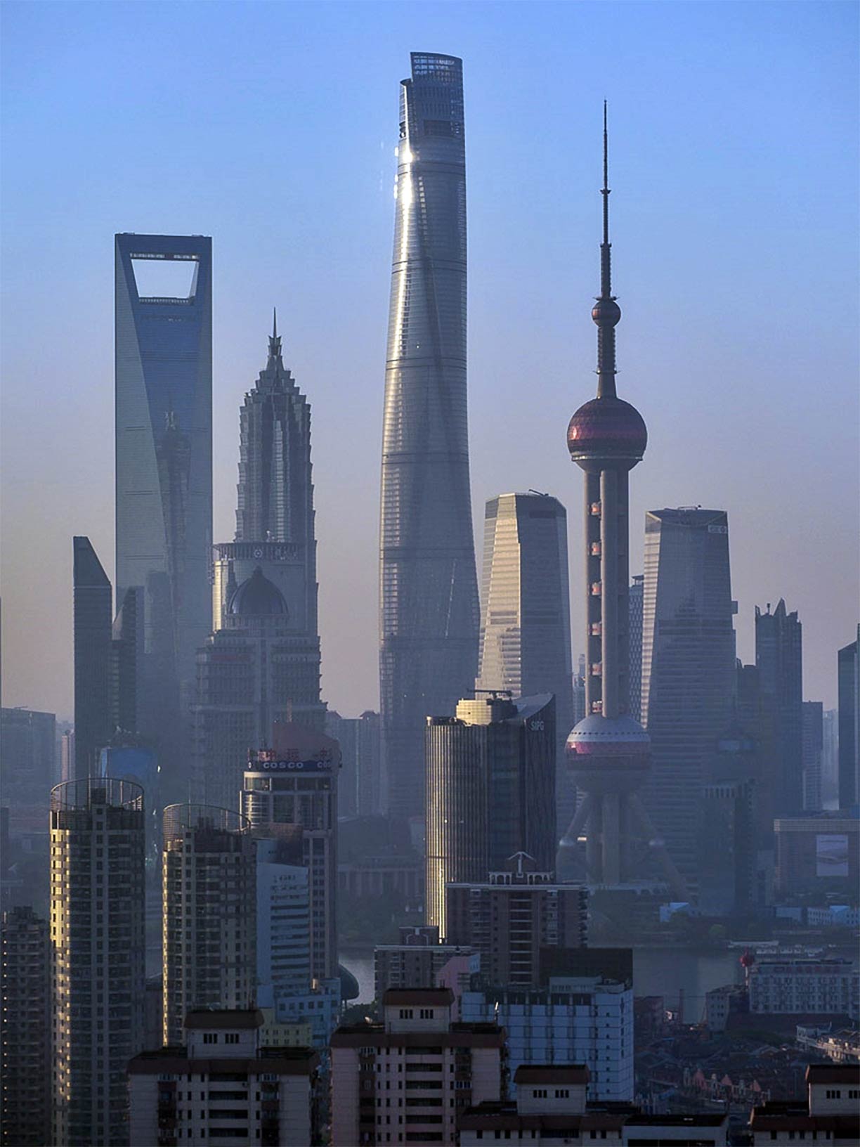 Lujiazui, Shanghai’s new financial district with Shanghai World Financial Center, Jin Mao Tower, Shanghai Tower (the world's second tallest building), and the Oriental Pearl TV Tower