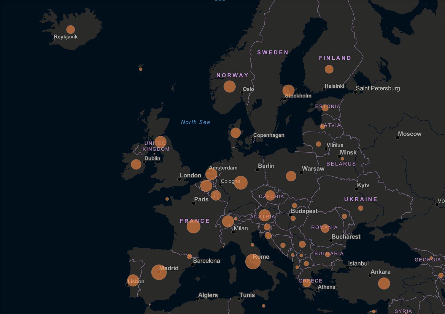 Map of active COVID-19 cases in Europe