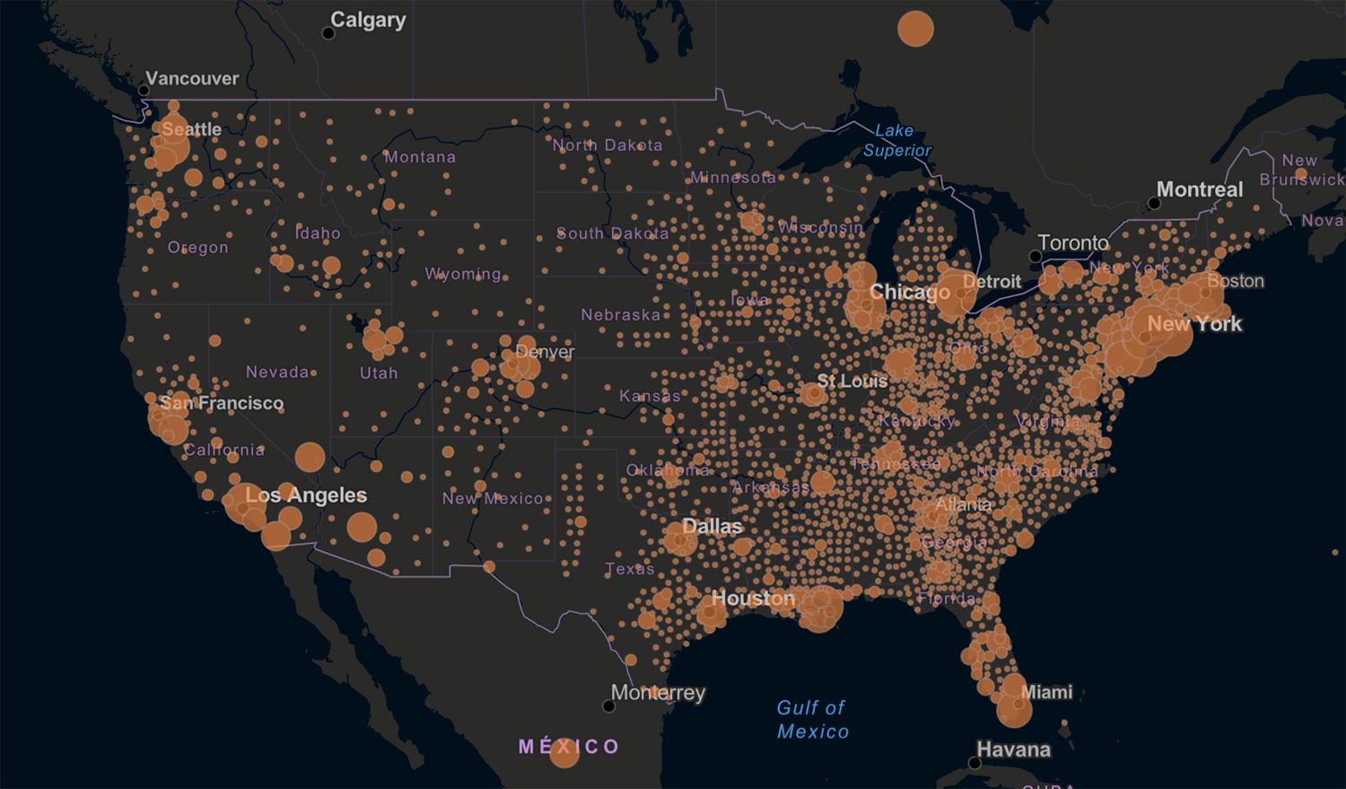 Map of active COVID-19 cases in US mainland