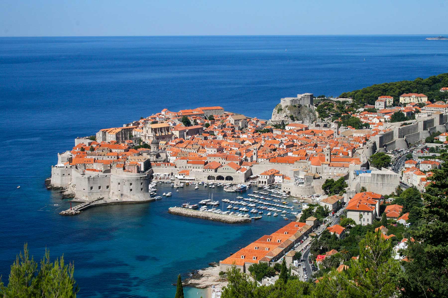 Marina and old city walls of Dubrovnik