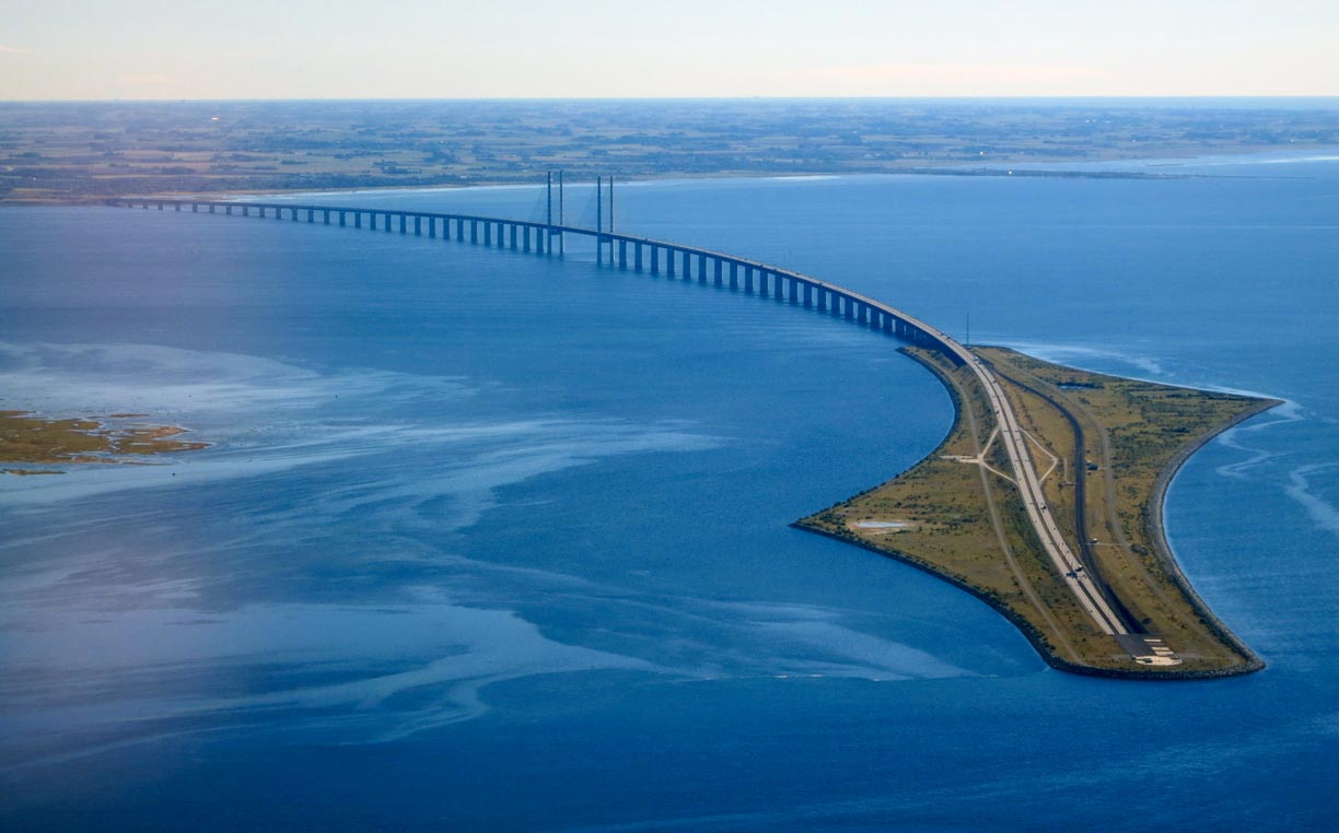The Øresund Bridge, a rail and highway bridge over the Øresund Channel.