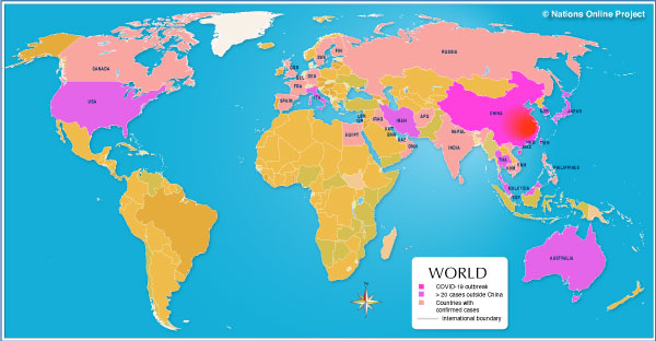 World map of countries with COVID-19 cases