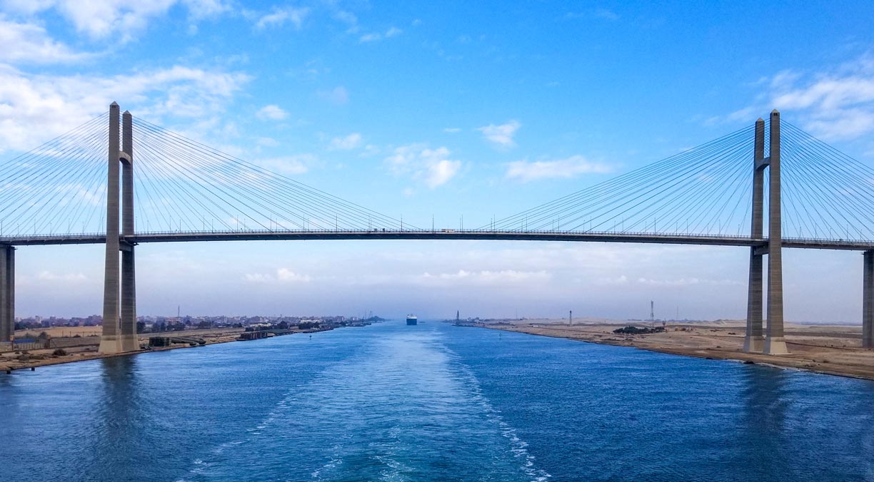 View of the Suez Canal and Peace Bridge