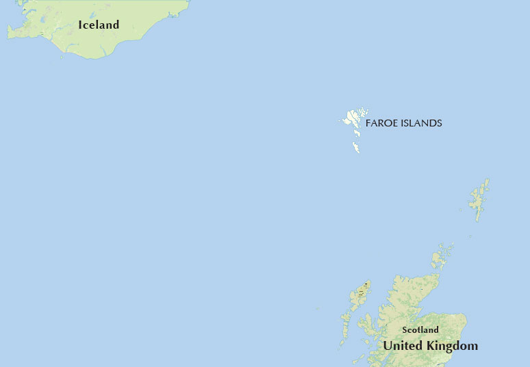 Location map of the Faroe Islands between Iceland and Scotland in the North Atlantic Ocean